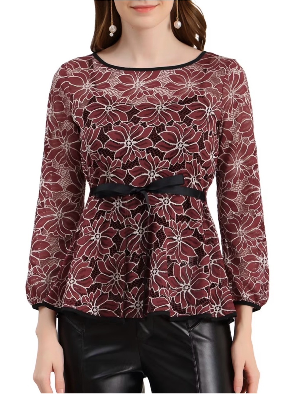 Allegra K Burgundy Floral Lace Peplum Top with Black Trim and Waist Tie
